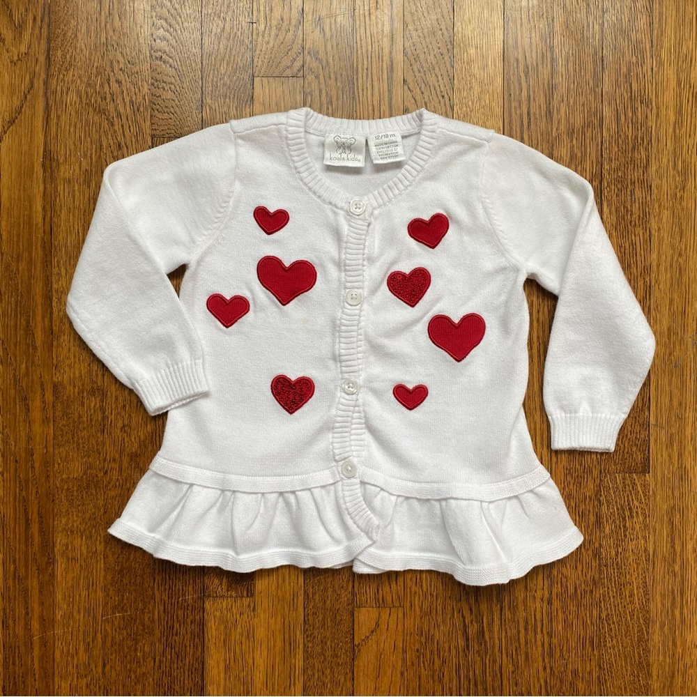 Adorable Valentine's White Peplum Cardigan with Red Hearts